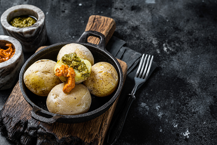  Kartoffeln in einer Pfanne mit würziger Sauce und Gewürzen, typisch für die Kanaren.