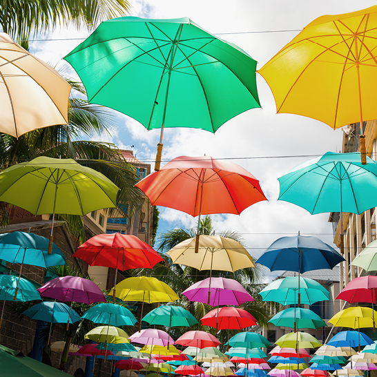 Bunte Regenschirme hängen über einer Strasse in Mauritius und schaffen eine fröhliche, einladende Atmosphäre.