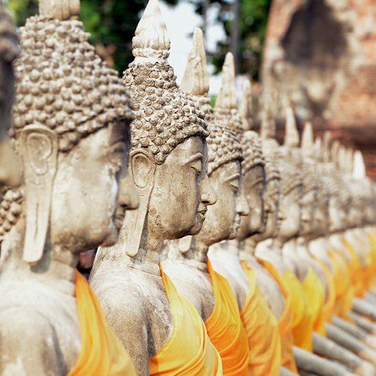 Buddha Statuen in Thailand im Tempel, Rundreise und Badeferien buchen.